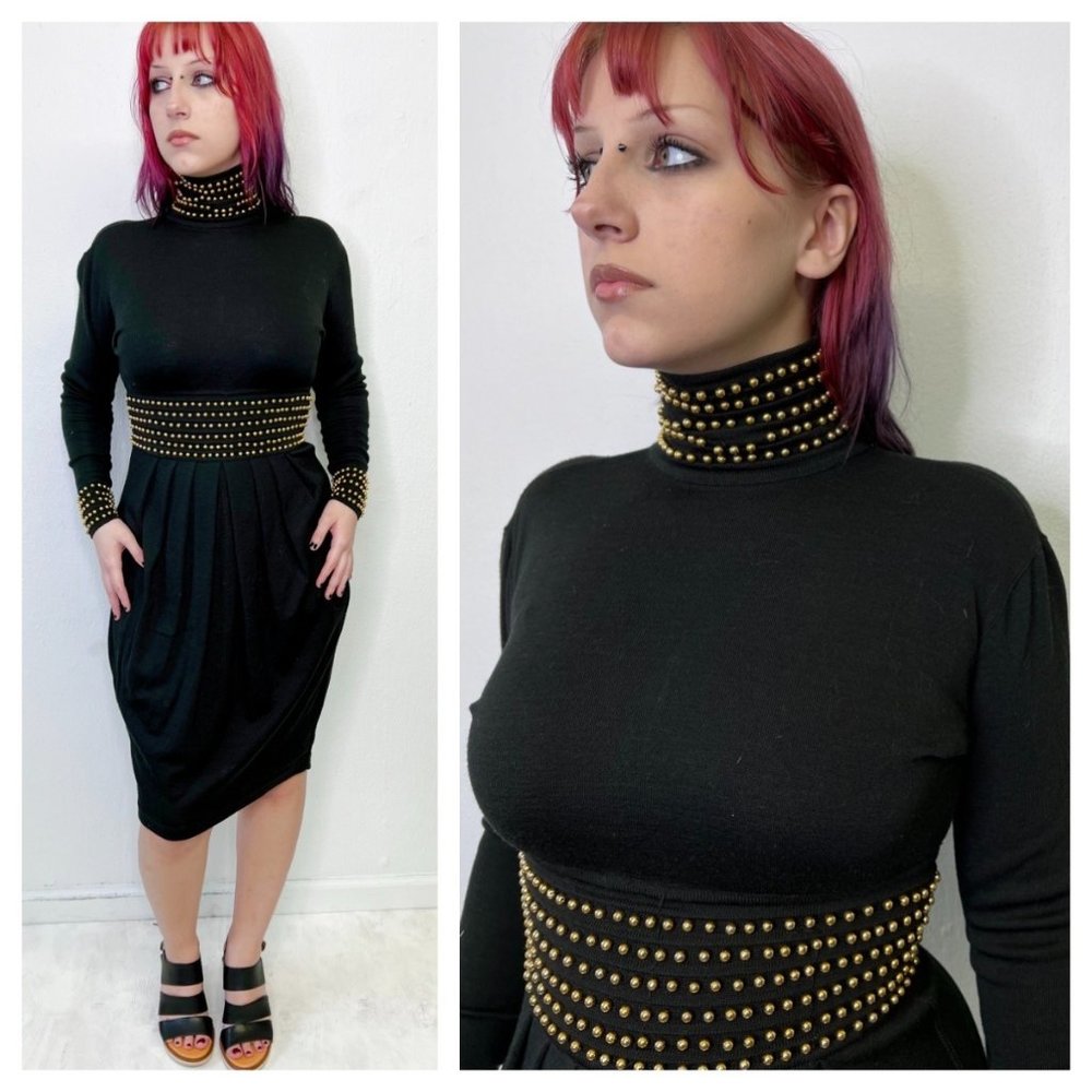 Vintage 80s 90s Gold Jeweled Turtleneck Wool Sweater Dress Size S Small Black